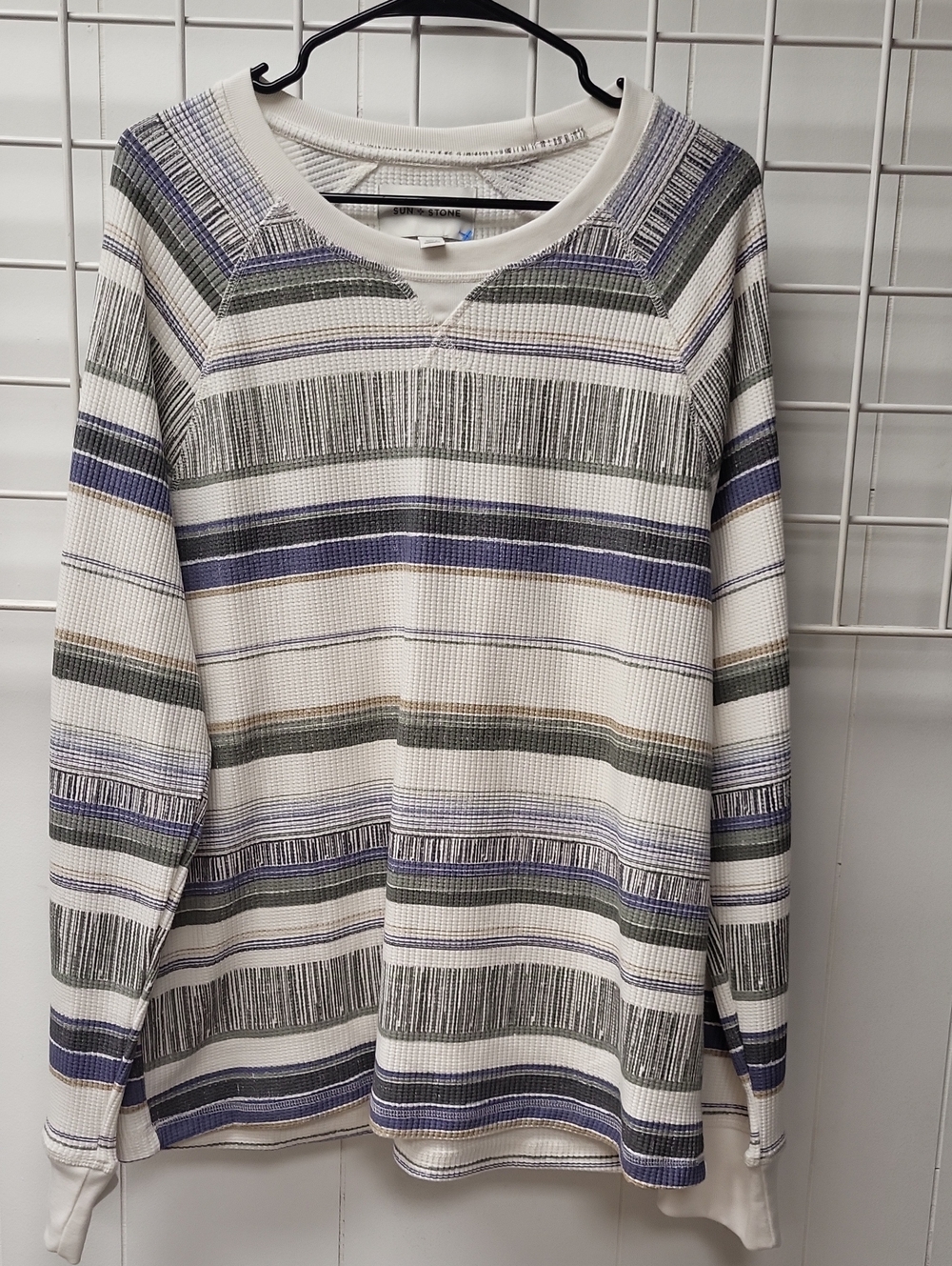 Men's Sun + Stone Cream, Blue & Olive Striped Long-Sleeve Knit Shirt, Large